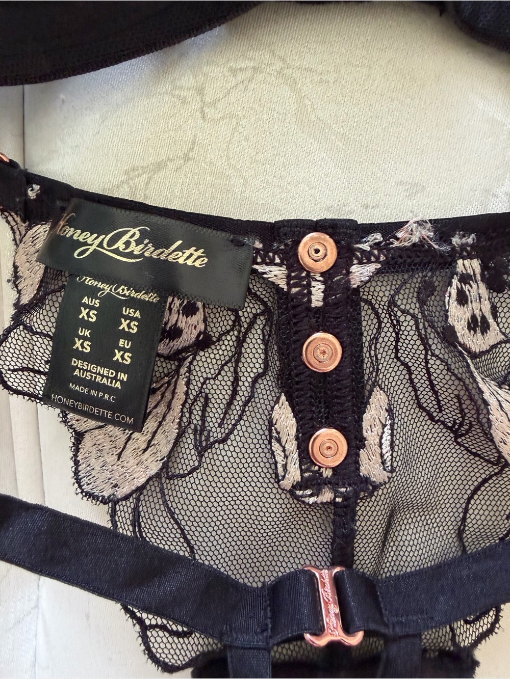 Honey Birdette Black Sheer Mesh Bra & Thong with Pink and Orange Embroidery - Picture 6 of 13